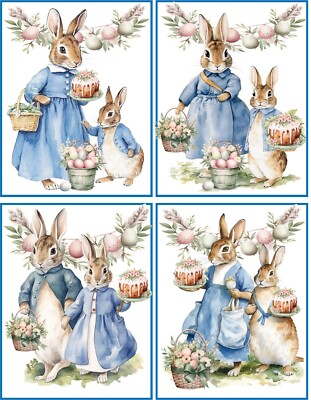 Easter bunny rabbit mother child Easter eggs  watercolor 8 glossy blank cards