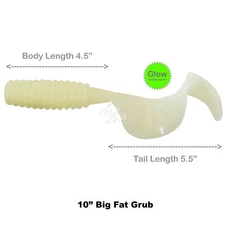 Fish WOW! Glow 10" Perch Grub (w/curly tail extended) Fishing Soft Lures lot