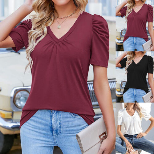 Women Ladies V-Neck Short Sleeve T-Shirt Blouse Summer Casual Loose Tunic Tops