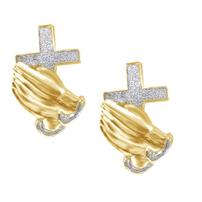 Aretes religiosos cruz manos rezando de plata de ley 925 maciza para hombre Foto 3 de 4