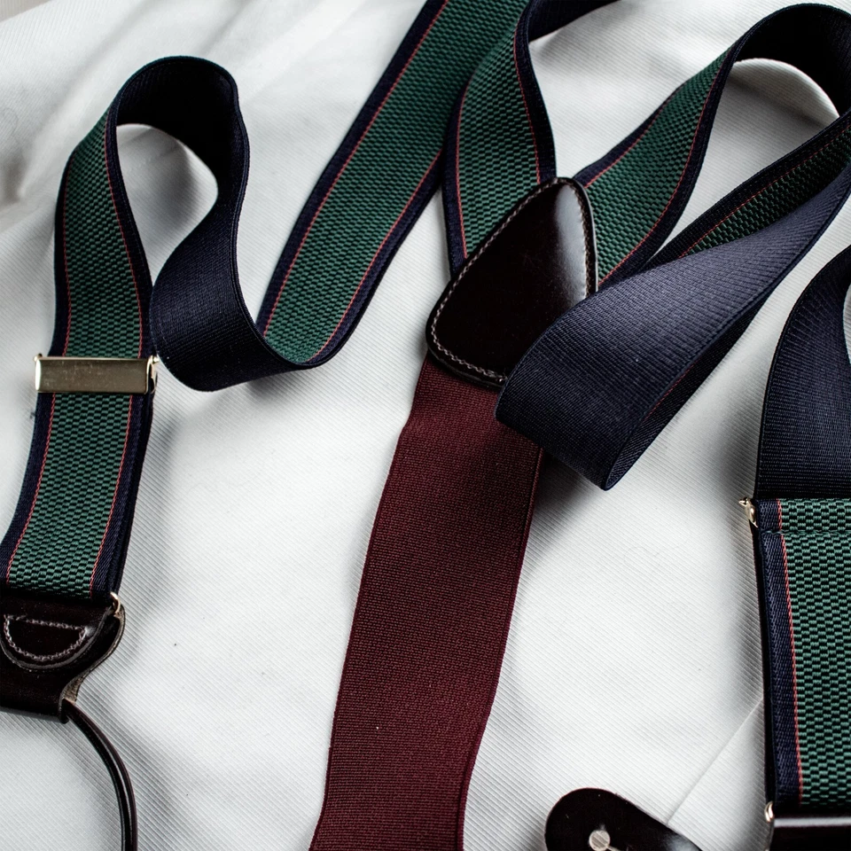 TRAFALGAR 全新绿色勃艮第蓝色条纹皮革织物纽扣环吊带 — 第 2/4 张图片