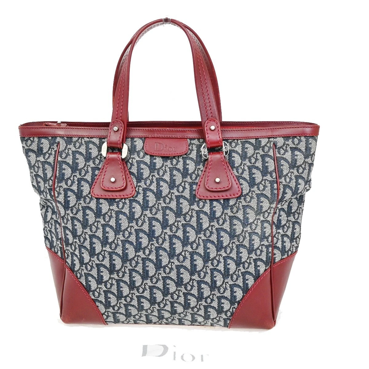 Sac à main CHRISTIAN DIOR motif trotteur toile cuir bleu marine rouge 16EE257