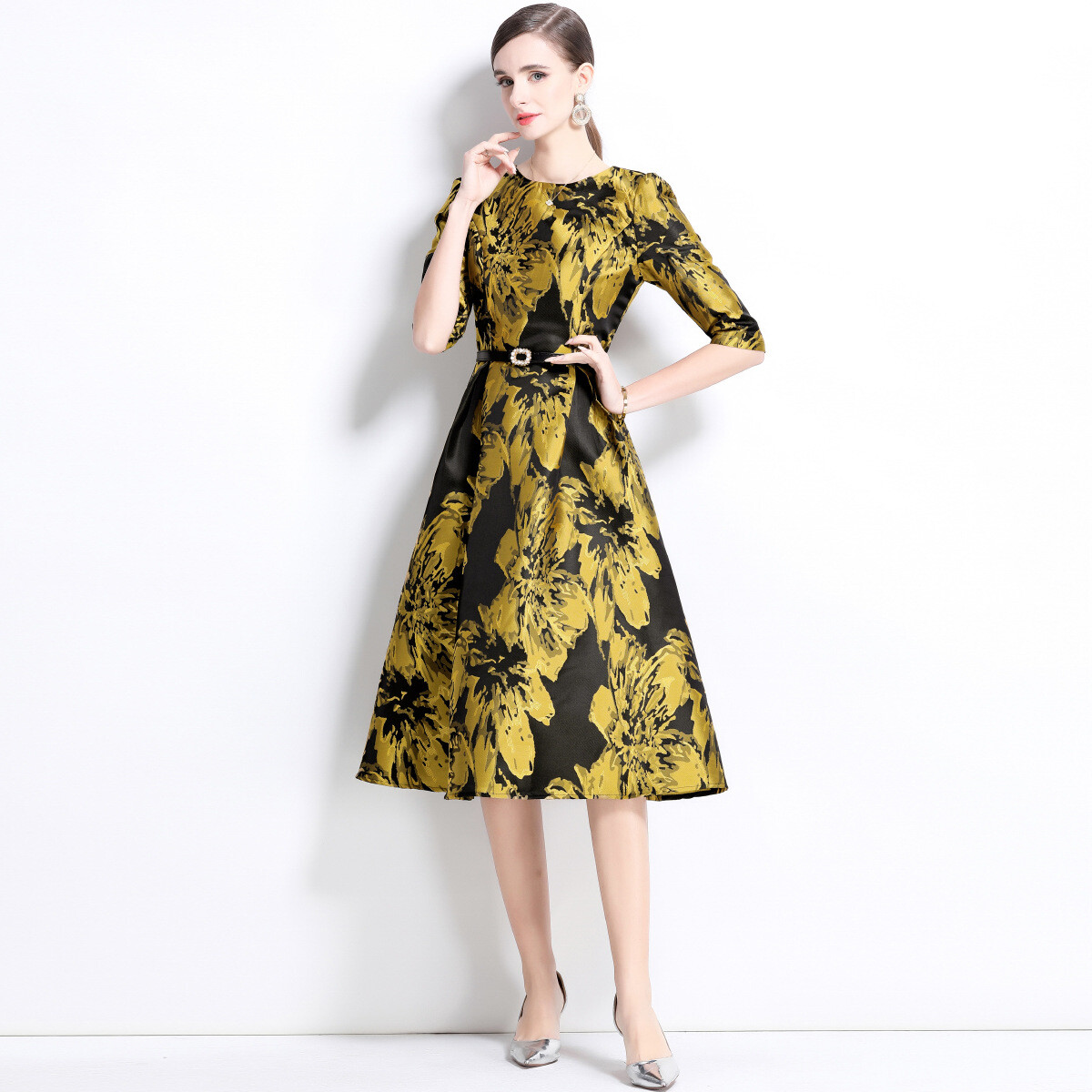 ワンピース Floral Cut Jacquard Sleeves A-Line Dress M11260E-1243_8d18df0f-b804-