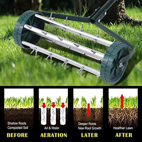 18in Rolling Lawn Aerator Tool Steel Handle Garden Grass Care Maintenance New - Picture 4 of 8