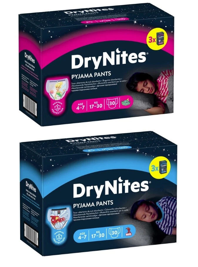 Huggies DryNites Dry Nights Pyjamas Boys Girls Size 4-7 - 30 Nappy Pants