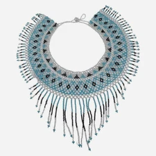 Indigenous Yawanawa Blue Beaded Bib Necklace 17" Brazilian Ethnic Fringe Boho