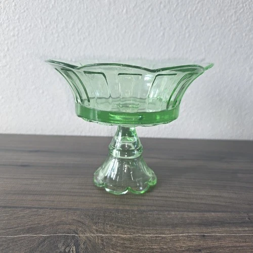 Vintage Green Depression Glass Compote Pedestal Candy Bowl Scalloped