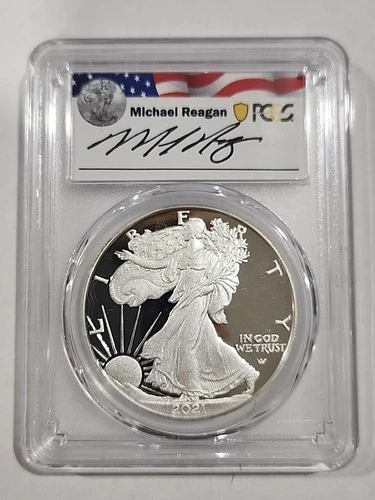 2021-W Burnished American Silver Eagle Type 2 PCGS MS70 FDOI Michael Reagan L...