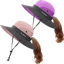 2 PCS Kids Sun Hat With Ponytail Hole UPF 50 Summer Cap For Girls Beach