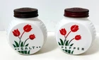 Vintage Fire King Red Tulip Flowers Salt & Pepper Shakers Anchor Milk Glass