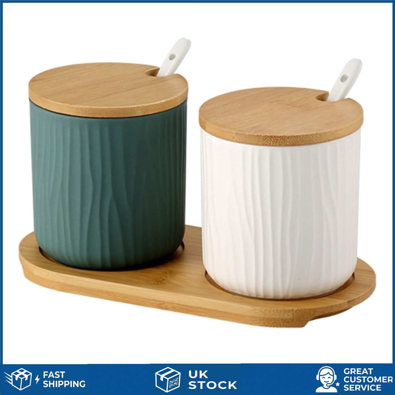 Elegant Ceramic Condiment Spice Jar Set with Bamboo Lids and Spoons 2 x 300ml