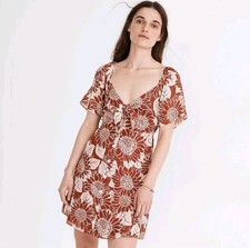 Madewell Silk Tie Front Mini Dress Sz 8 Floral Rust Cream Boho Cottagecore