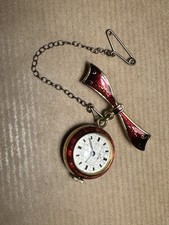 Vintage Red Guilloché Enamel Fob Watch Brooch Pin Wind Working