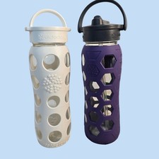 Lifefactory Glass Water Bottle Set 22oz White Purple Honeycomb Silicone Sleeve