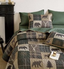 Rustic Quilt Set Queen/Full Cabin Lodge Wildlife Bear Moose Deer Patchwork Brown