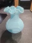 VTG  Fenton Satin Frosted Blue Milk Glass Vase Ruffled Edges Shell Design 8in