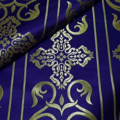 Purple Gold Brocade Fabric With Cross Damask Design For Liturgical Use And Decor