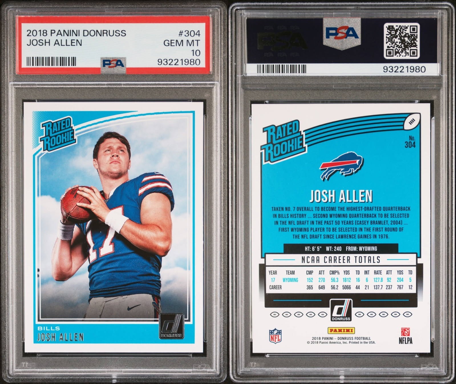 Panini Donruss 2018 Josh Allen #304 Rated Rookie (RC) Buffalo Bills PSA 10 view 3