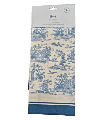 Harrods Rare Set Of 2 Tea Towels Blue Toile Print Cotton Vintage British Country