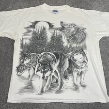 Vintage 90s T Shirt Men XL Springhill Art Print Nature Wolf Howling Double Sided