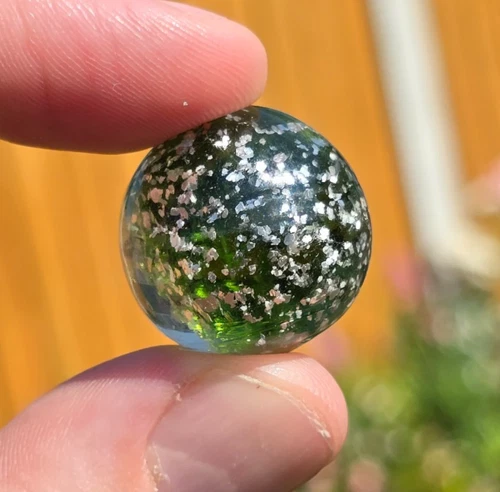 Antique Glass Marble German Cased Clear & green with Mica 2.2 cm Vintage Toy 11