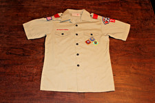 Boy Scouts of America BSA Youth Shirt Tan Large Sewn Patches Short Sleeve