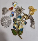 Vintage Costume Jewelry Lot 10 Rhinestone, Enamel, Silver Tone Brooches Pins