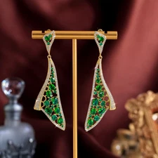 Symmetrical Yellow Gold Plated Amerian Crystal CZ Green Long Dangle Drop Earring