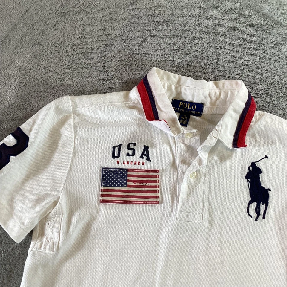 Polo Ralph Lauren Shirt Boys Medium 10-12 White USA Flag Big Pony Embroidered - Image 3 of 4