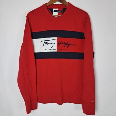 Tommy Hilfiger Sweatshirt Mens Large Red Pullover Embroidered Cotton Flag Logo