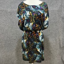 NO STRINGS ATTACHED Peacock Feather Print Dolman Sleeve Stretch Waist Dress LG