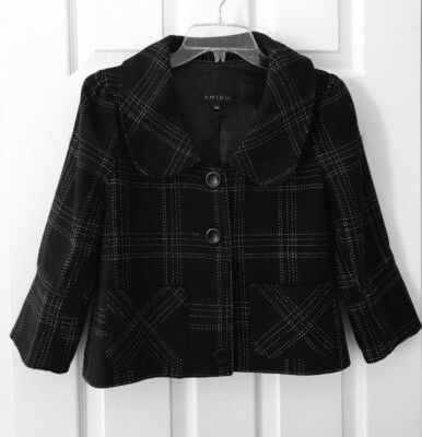 Amisu Women s Size 6 Check Plaid Wool Blend Black & White Jacket Blazer Buttons