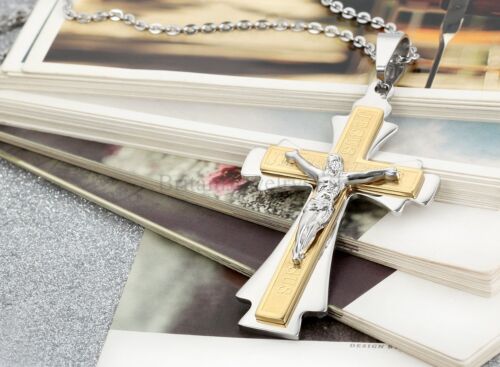 Mens Stainless Steel Jesus Crucifix Cross Prayer Pendant Necklace with 22" Chain - Picture 2 of 4