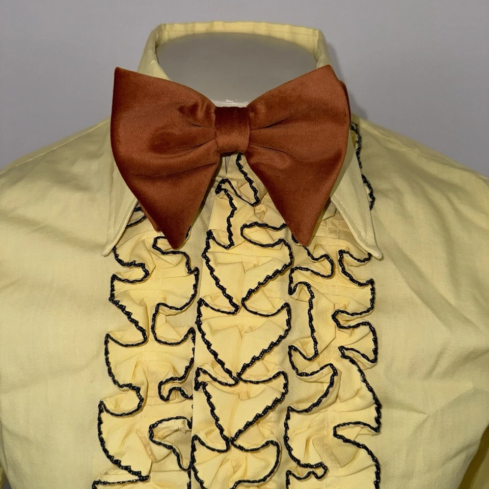 Vintage 60s 70s Tuxedo Shirt Yellow Ruffles Tux Retro Prom Disco Mens Small 33" - Image 3 of 4