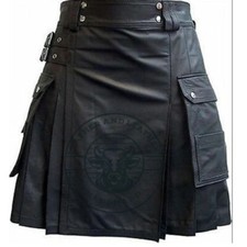 Men's Black Leather Utility Kilt Twin Cargo Pockets Pleated with Twin Buckles