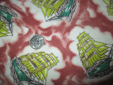 Vintage GREEN SAILING SHIPS On CREAM 1950's Flannel COTTON Fabric-over 1 yd