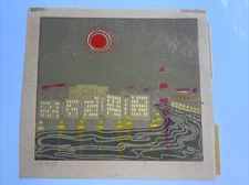 JANET ANN DAUB Mid Century Wood Linocut Expressionist Modernist CITY ABSTRACT