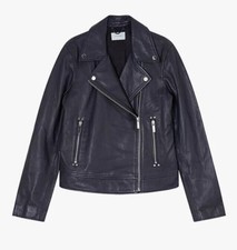 Jigsaw Leather Biker Jacket In Navy Blue Uk 8