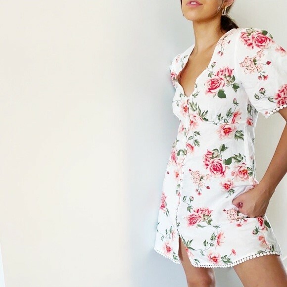 linen mini dress zara Zara White Linen Blend Puff Sleeve Button Front Mini Dress