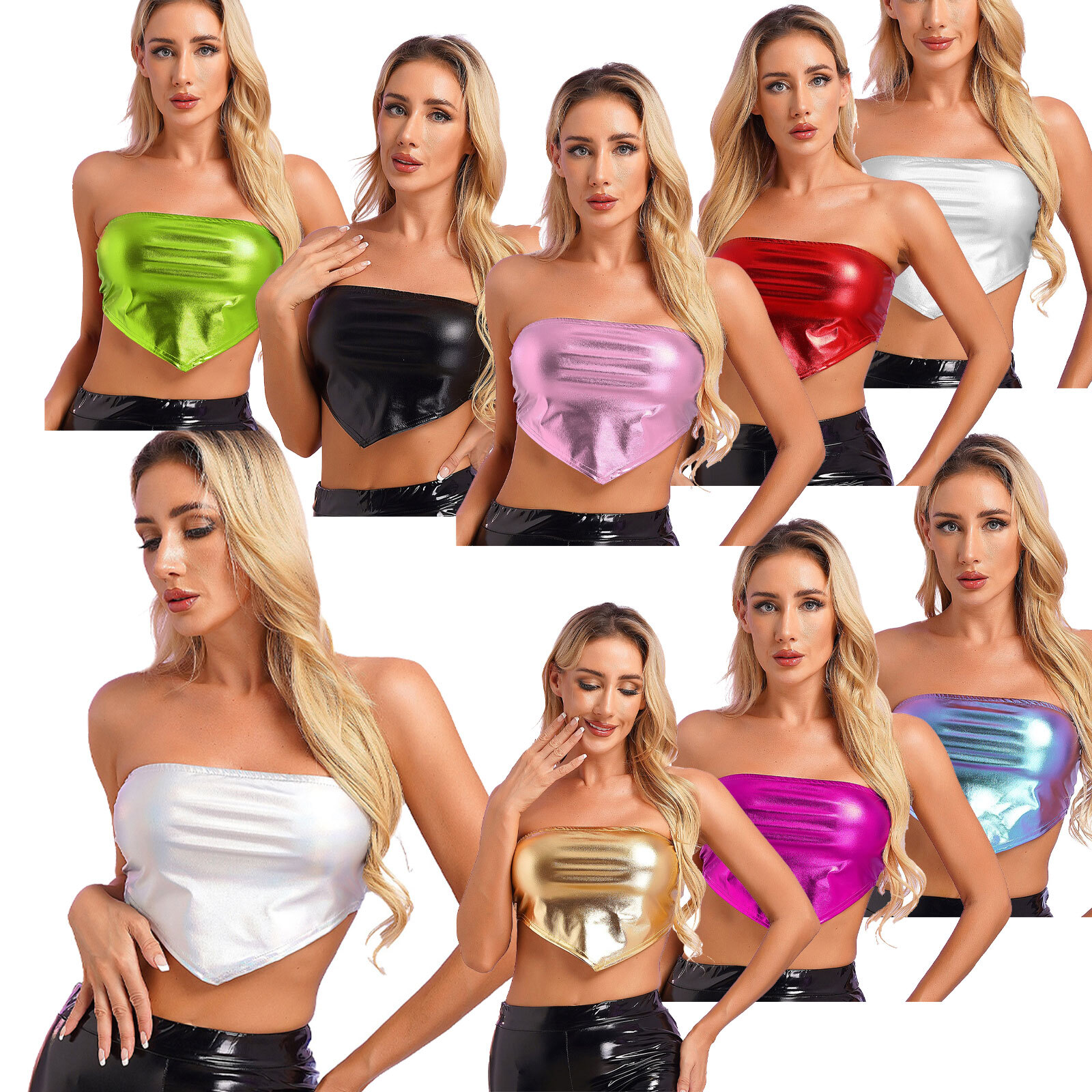 Damen Crop Tops Glänzend Weste Trägerlos Tank Metallic Bluse Spitzer Saum  Tube | eBay
