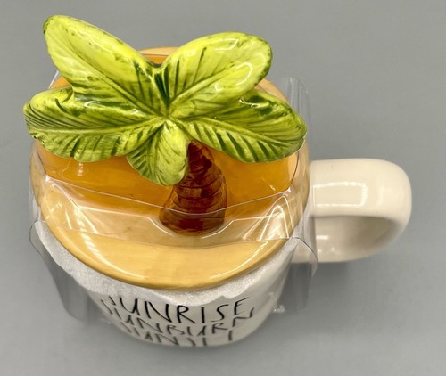 RAE DUNN Neu 1 SUNRISE SUNBURN SUNSET Becher & Palmenaufsatz Kaffeetasse Deckel Knochen - Bild 5 von 24