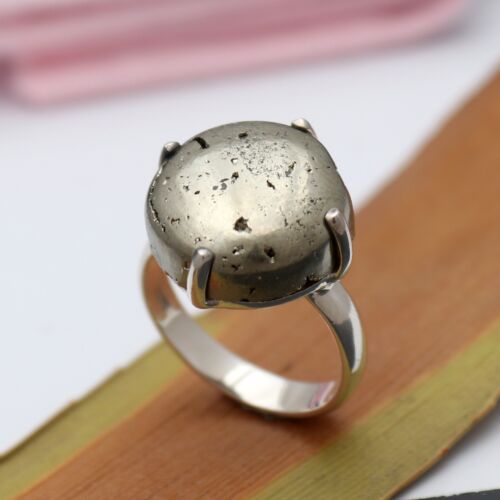Raw Pyrite Elegance: Bold 925 Sterling Silver Statement Ring Size 8