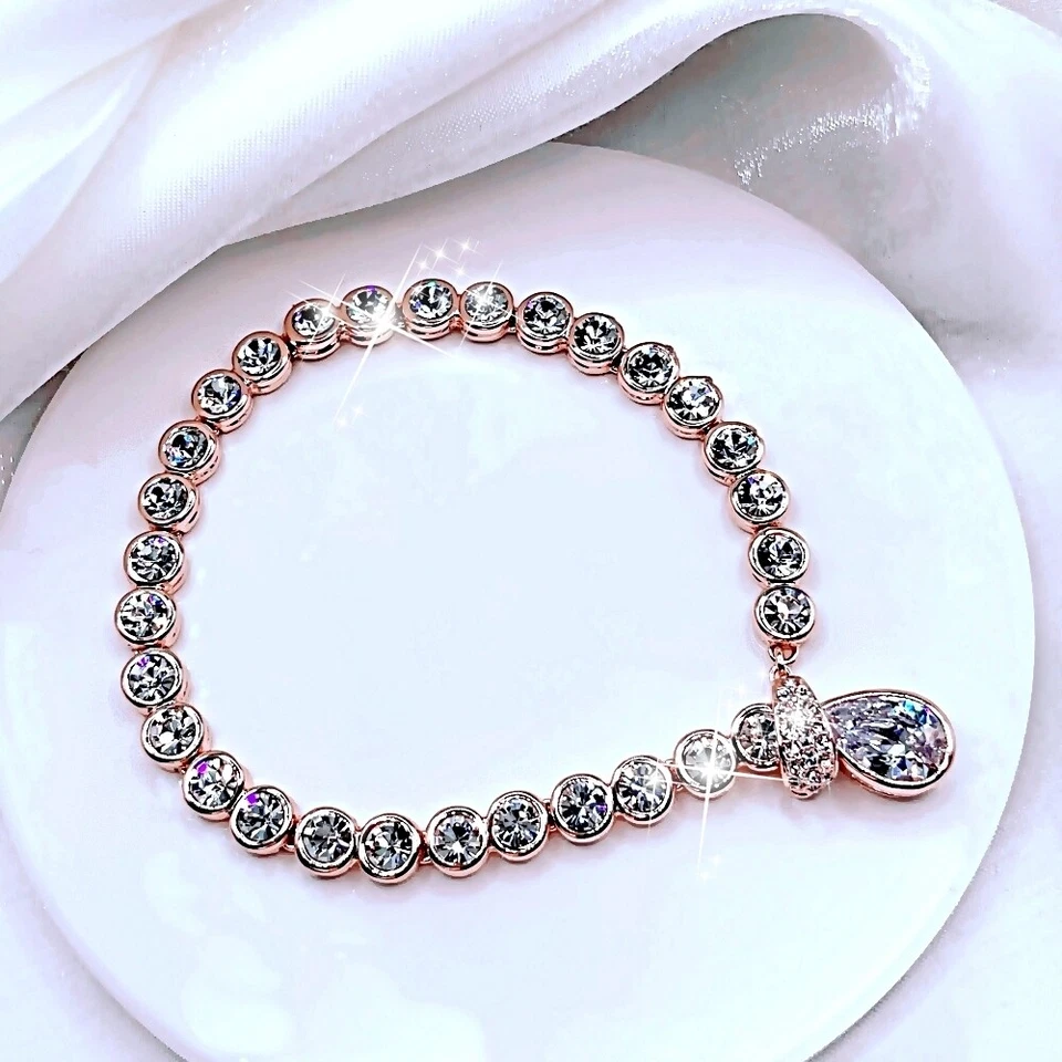 Hecho con SWAROVSKI Cristal Gota de Agua 18k Oro Rosa Relleno Tenis Pulsera Foto 4 de 4