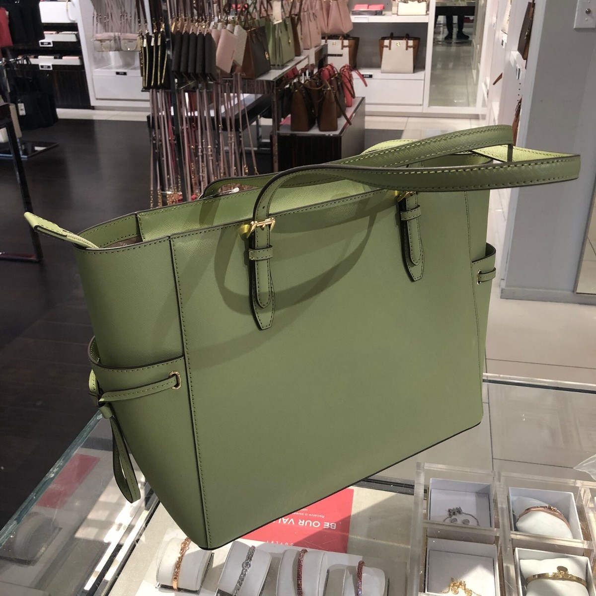 Michael Kors Women Large Leather Tote Shoulder Handbag Purse Green