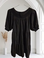 Old Navy Black Smocked Tiered Dress Medium Cotton Blend Short Puff Sleeves