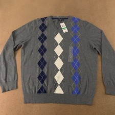Club Room Men's Size Large Charcoal Argyle Cotton V Neck Pullover Sweater NWT