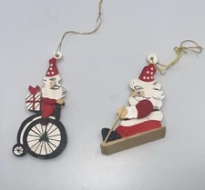Vintage Schmid Wooden EMGEE Santa Ornament Set Santa Sledding And Santa On Bike