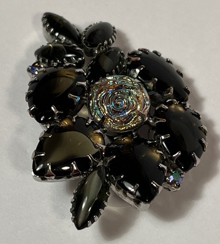 VTG Carnival Smokey Molded Glass Rose Rhinestone Aurora Brooch Pin Schiaparelli? - Picture 6 of 12
