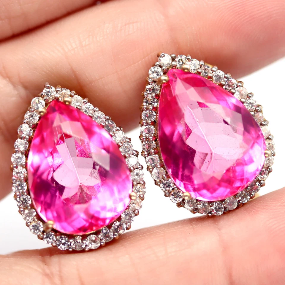 925 Sterling Silver 14 x 19 MM. Pink Mystic Topaz & White Zircon Earrings - Image 2 of 4