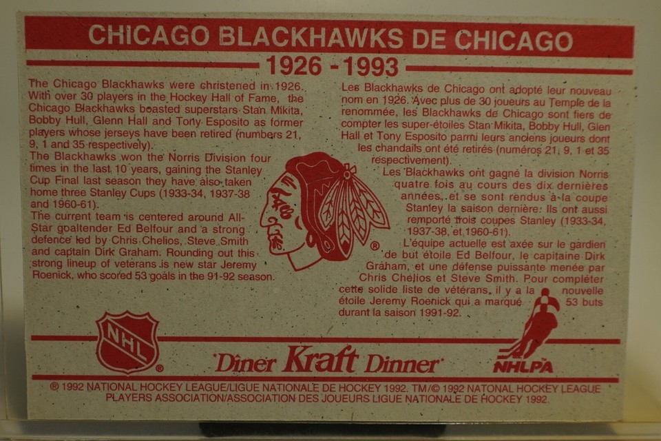 1992 1993 KRAFT DINNER TEAM CARDS CHICAGO BLACKHAWKS HAND CUT eBay